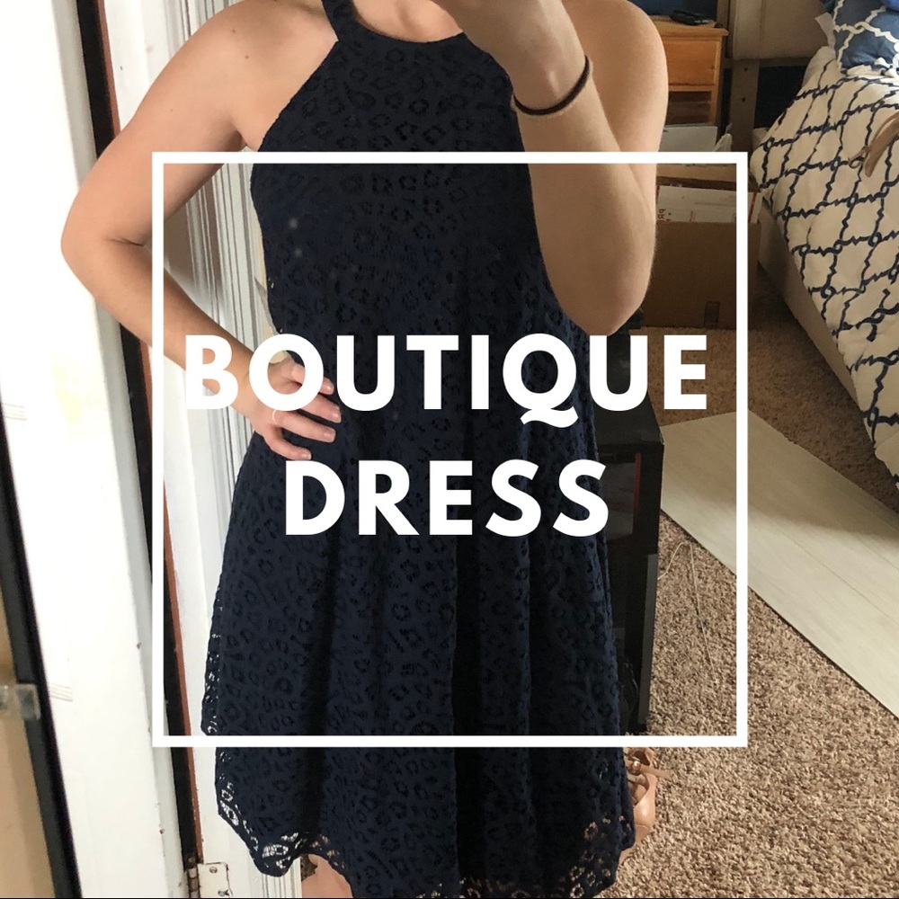 Navy Blue High Neck Floral Lace Overlay Dress